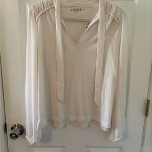 LOFT Cream Ruffled Tie Front Blouse